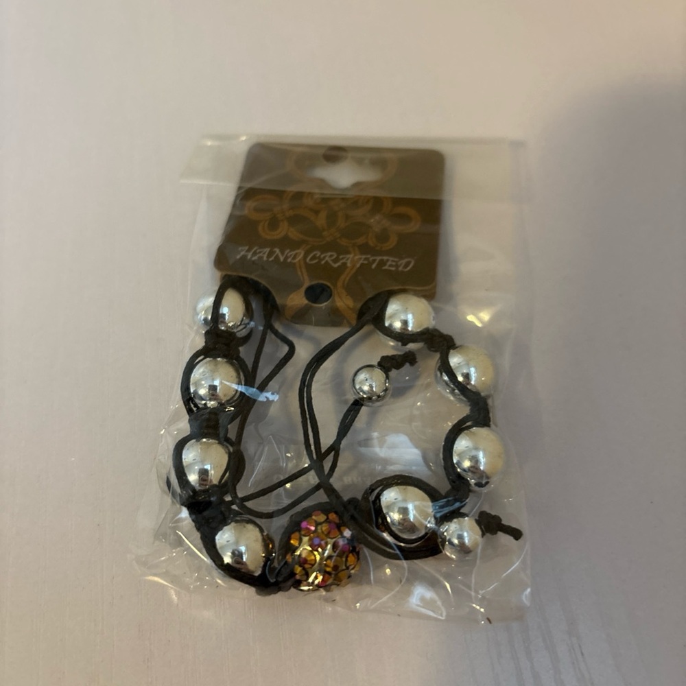 Silver Beaded Bracelet with Black Cord